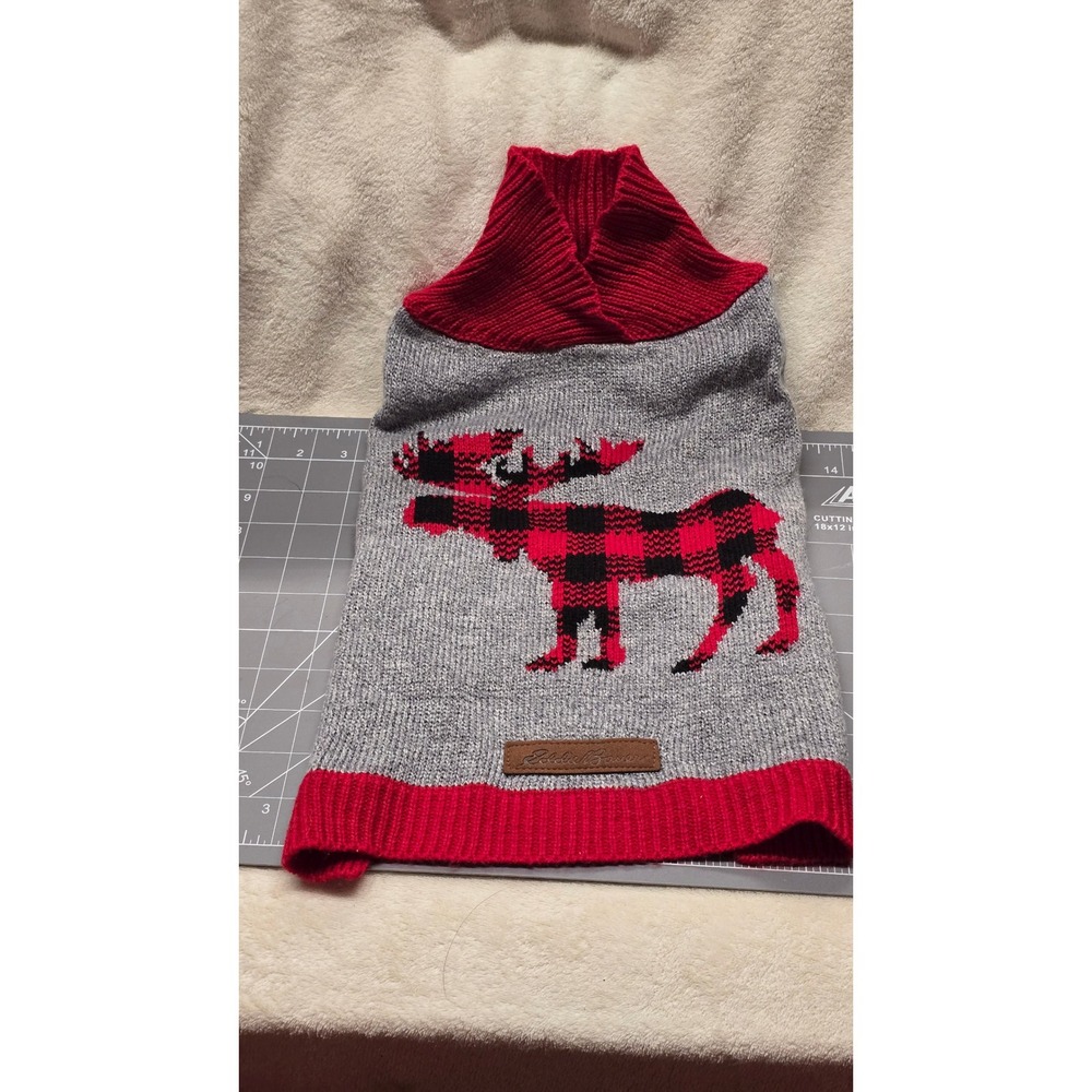Eddie Bauer Pet Grey Red Buffalo Plaid Moose Knit Dog Sweater Medium